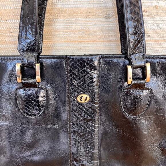 CARLO FIORI Black Leather Snake Skin Tote Purse Computer Career Work Attaché - Picture 2 of 11
